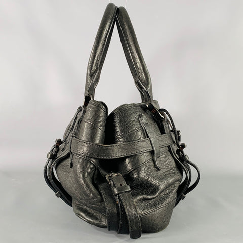 BURBERRY Black Gunmetal Leather Top Handles Handbag