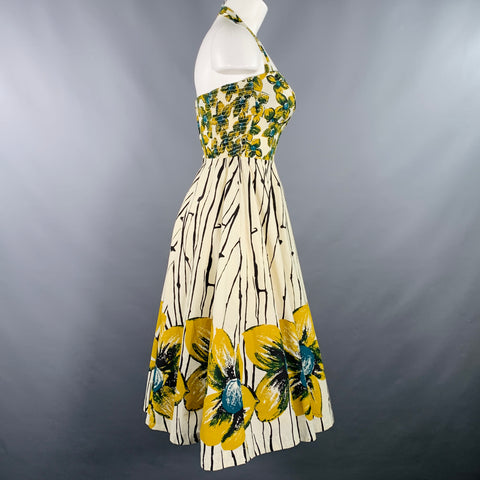 GIRLS FROM SAVOY Size 0 Cream Yellow Cotton Floral Halter Knee Length Dress