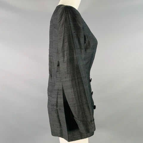 MELIVIER Vintage 1980s Size 4 Black Silk Shantung Padded Shoulders Double Breasted Jacket Blazer