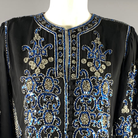 SAKS FIFTH AVENUE Size 4 Navy Blue Polyester Geometric Long Sleeve Dress Top