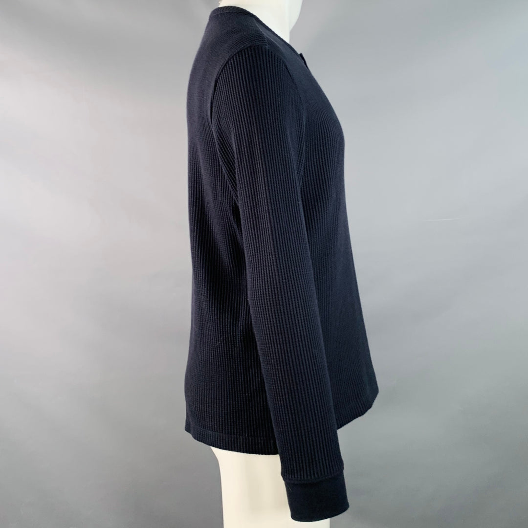 VINCE Size S Navy Waffle Knit Cotton Blend Henley Pullover