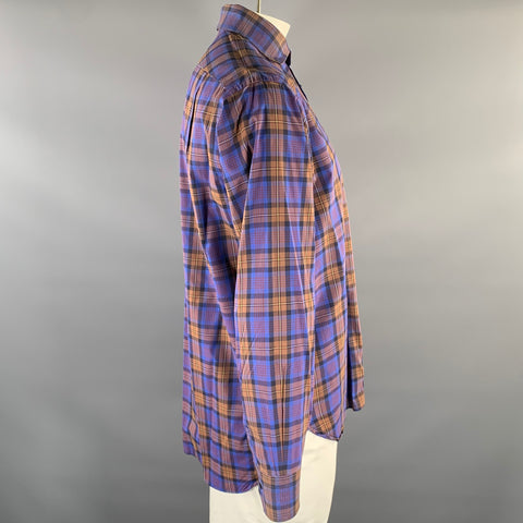 LORENZI Size XL Purple Brown Plaid Cotton Spread Collar Long Sleeve Shirt
