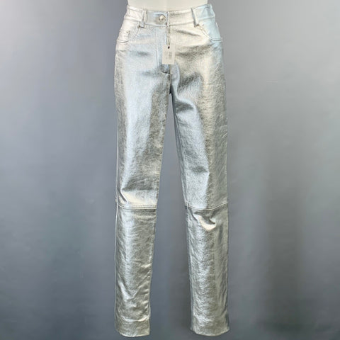 MOSCHINO Size 2 Metallic Silver Leather Jean Cut Casual Pants
