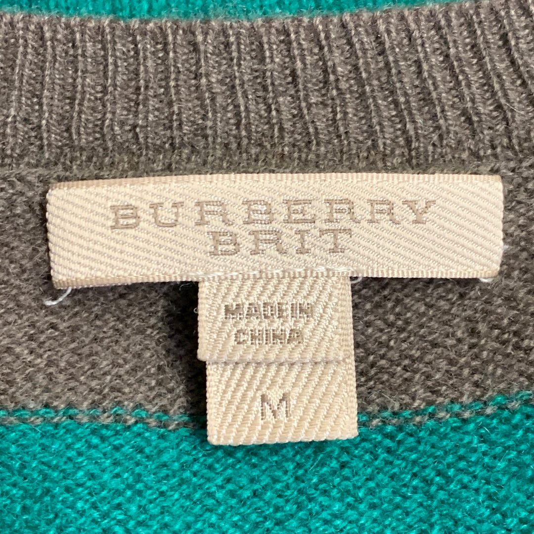 BURBERRY BRIT Size M Green Brown Stripe Cashmere V-Neck Pullover
