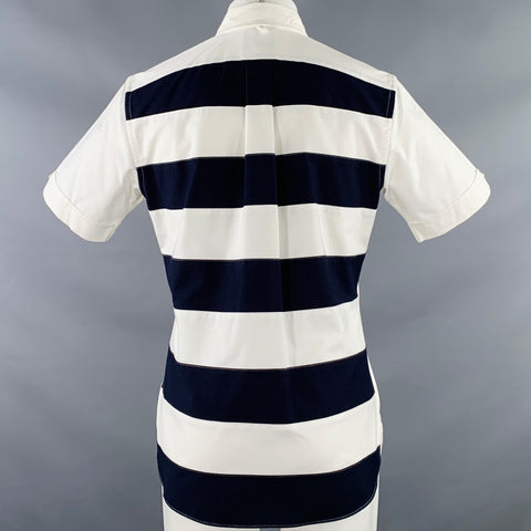 BLACK FLEECE Size M White Navy Cotton One Pocket Short Sleeve Shirt