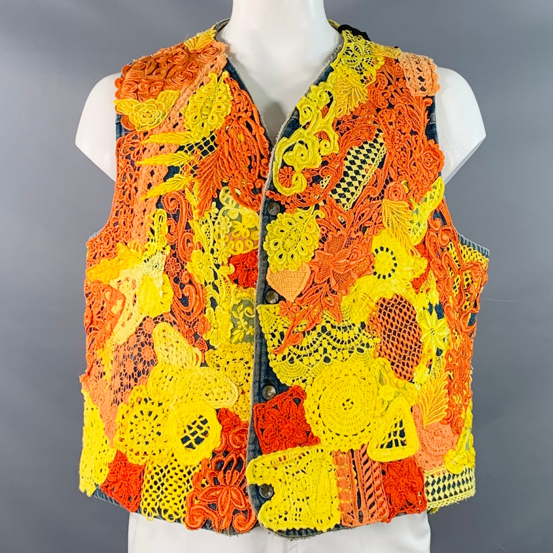 EARTHLING VIP Size XL Poetic Lust Blue Orange Yellow Lace Crochet Cotton Snaps Vest