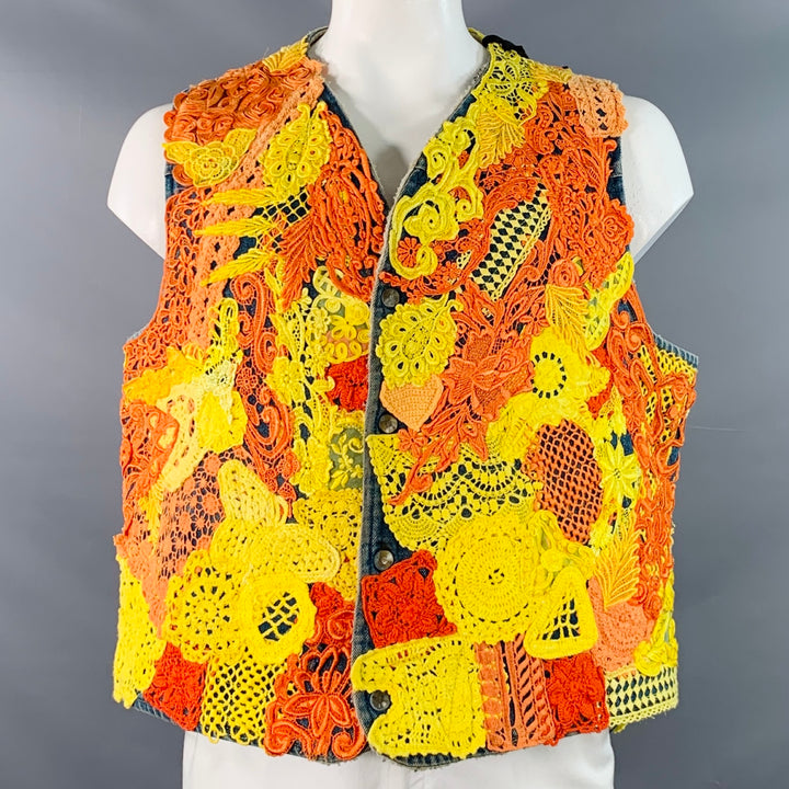 EARTHLING VIP Size XL Poetic Lust Blue Orange Yellow Lace Crochet Cotton Snaps Vest