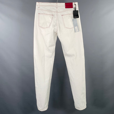 KITON Size 34 White Red Contrast Stitch Distressed Cotton Straight Jeans