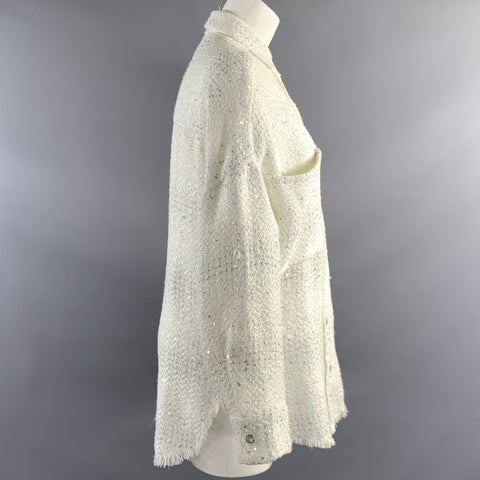 IRO Size S White Silver Polyester Blend Tweed Snaps Shirt