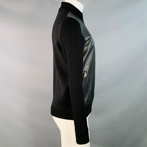 SALVATORE FERRAGAMO Size M Black Leather Virgin Wool Ribbed Zip Up Jacket