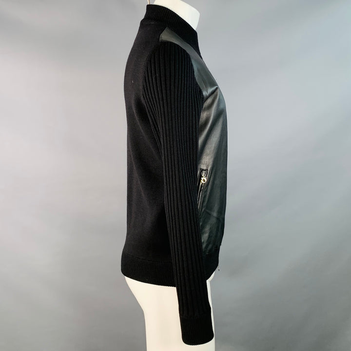 SALVATORE FERRAGAMO Size M Black Leather Virgin Wool Ribbed Zip Up Jacket
