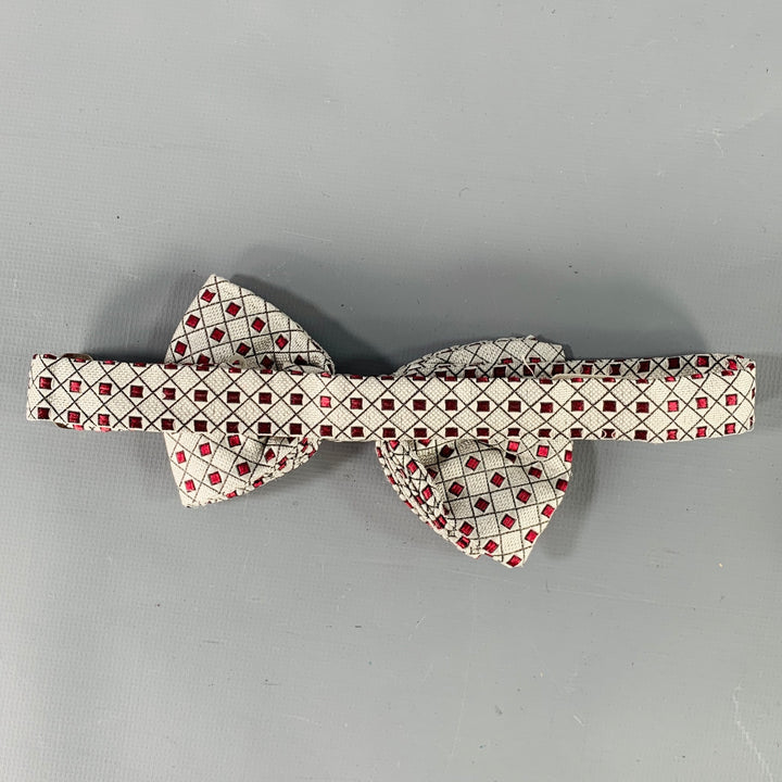 GIANNI VERSACE Silver Burgundy Squares Silk Bow Tie Cummerbund Set