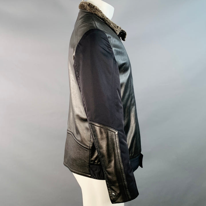 HUGO BOSS Size 40 Cliker Black Lambskin Leather Nylon Zip Up Jacket