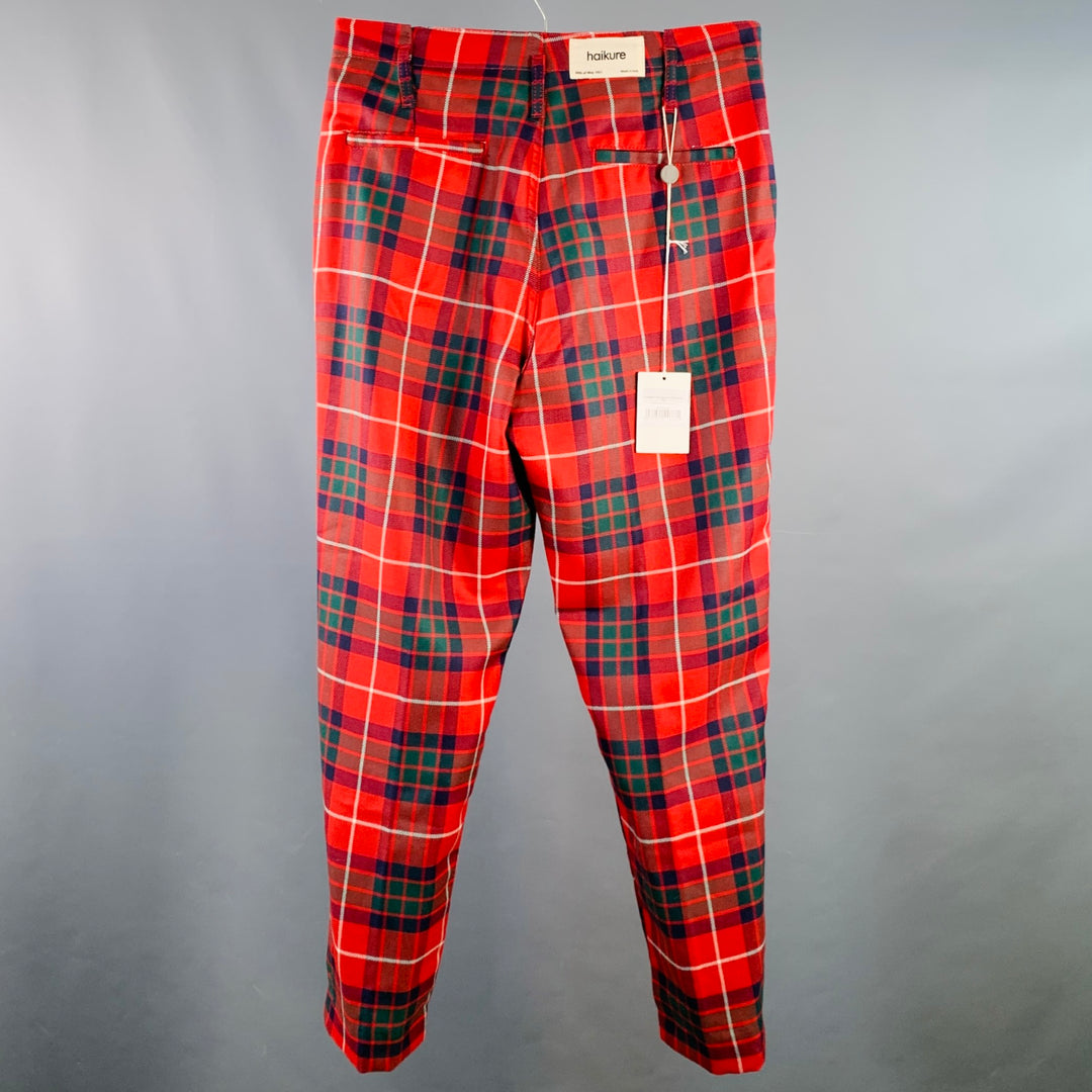 HAIKURE Size 28 Louisiana Red Multi Color Plaid Polyester Blend Pleated Zip Fly Dress Pants