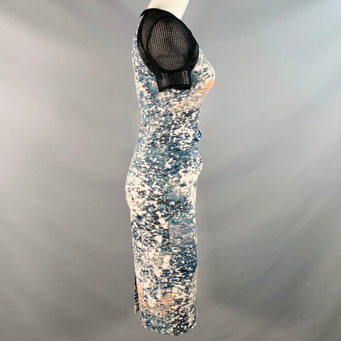 KAREN MILLEN Size 4 Black Green White Acetate Blend Abstract Mesh Sleeves Dress