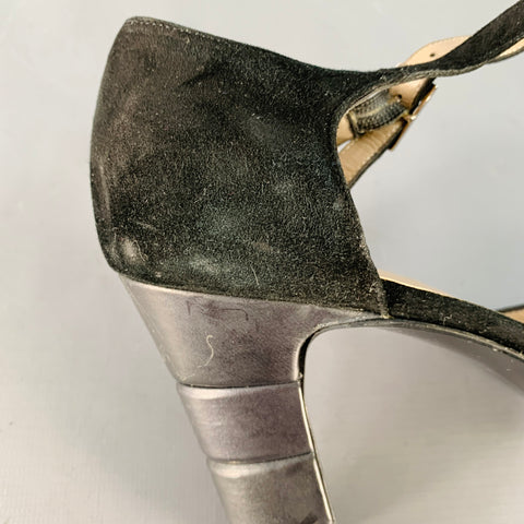 SALVATORE FERRAGAMO Size 9 Black Suede Peep Toe Stacked Heel Ankle Strap Sandals