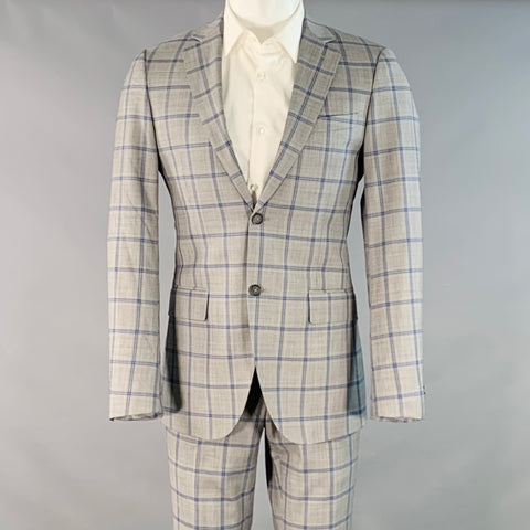 AUGUST MCGREGOR Size 38 Grey Blue Plaid Wool Notch Lapel Suit