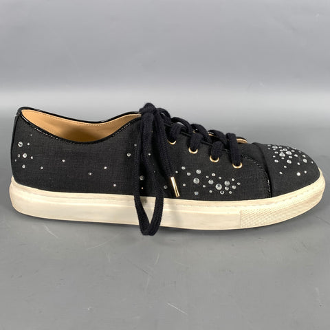 CHARLOTTE OLYMPIA Size 9 Black Canvas Bedazzled Toe Cap Sneakers