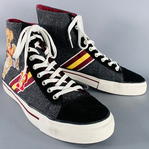 POLO by RALPH LAUREN Size 10.5 Solomon II Grey Burgundy Polo Bear Flannel High Top Sneakers