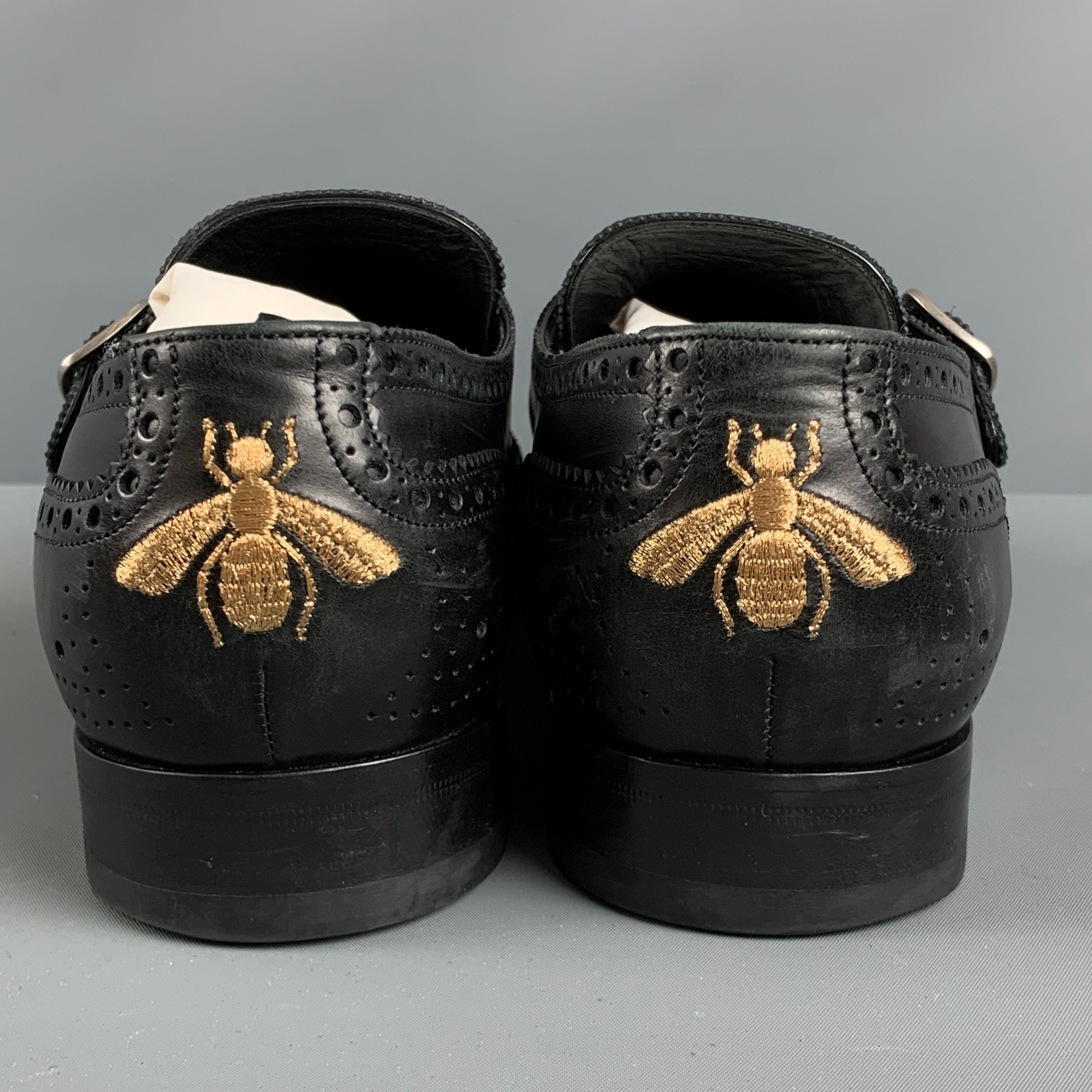 GUCCI Size 11.5 Black Wingtip Leather Double Monk Strap Loafers
