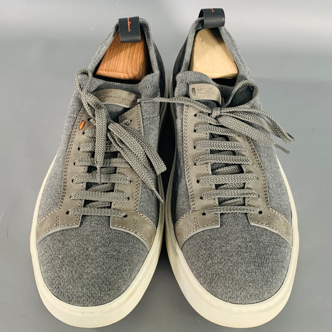 SANTONI Size 11 Grey Canvas Knit Lace-Up Sneakers