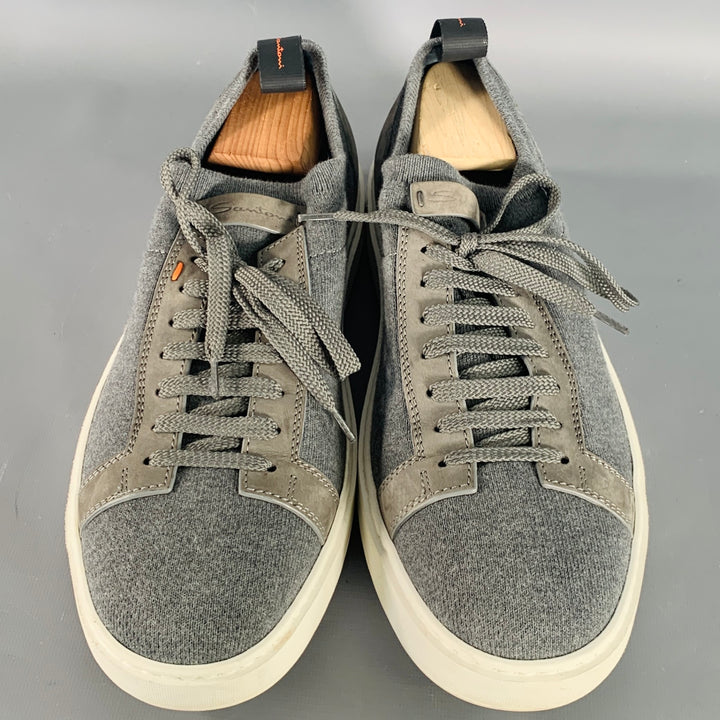 SANTONI Size 11 Grey Canvas Knit Lace-Up Sneakers