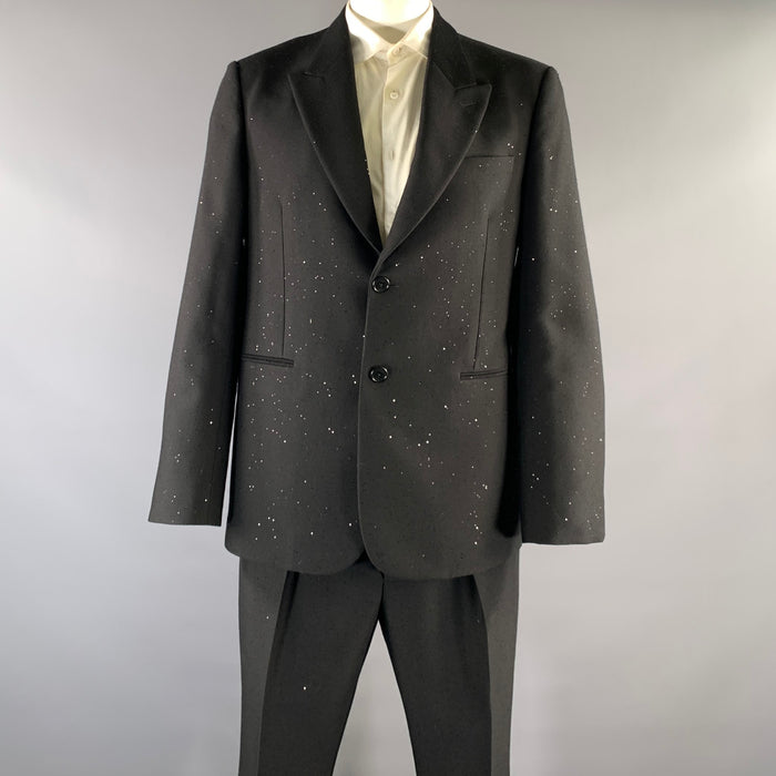 FENDI Chest Size 44 Black Sequined Wool  Polyester Peak Lapel 36 29 Suit