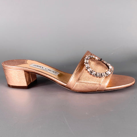 JIMMY CHOO Size 8.5 Gold Rose Leather Slip On Sandals