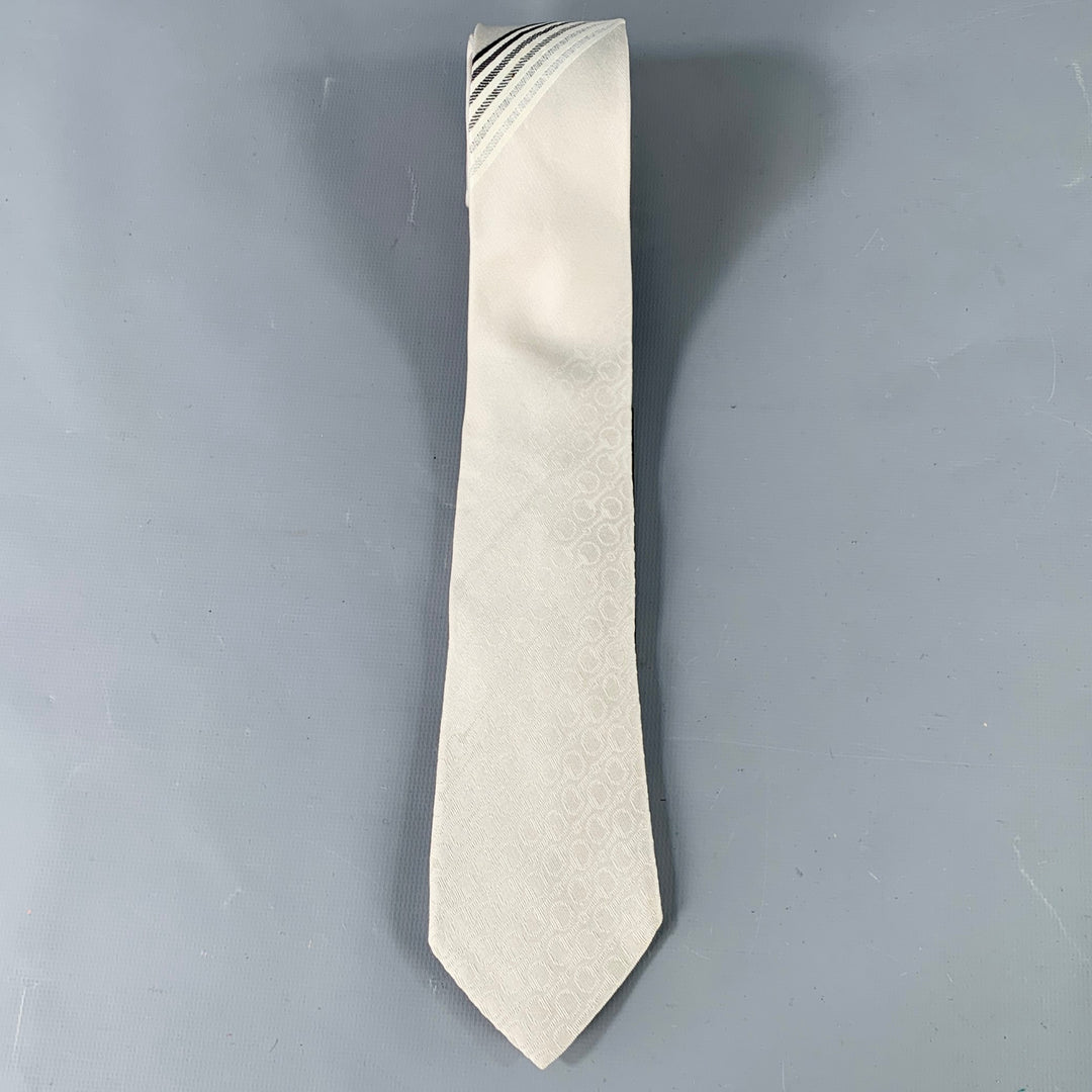GUCCI Grey Silver Horsebit Stripe Silk Skinny Tie