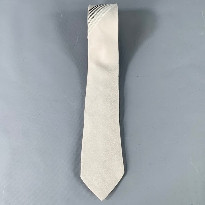 GUCCI Grey Silver Horsebit Stripe Silk Skinny Tie