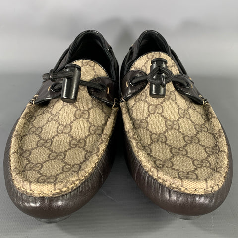 GUCCI Size 9.5 Tan Brown Monogram Leather Drivers Loafers