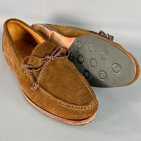 STUBBS & WOOTTON Size 11 Brown Suede Braided Trim Moccasin Loafers