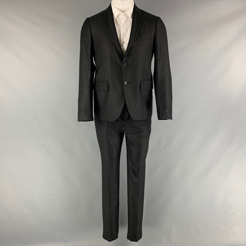 VERSACE Size 38 Black Solid Wool Silk Notch Lapel Suit