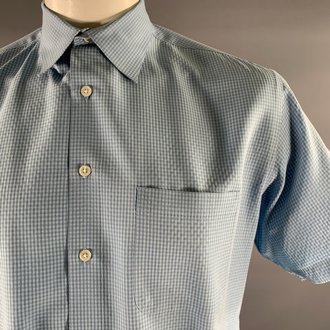 PERRY ELLIS Size L Blue Gingham Rayon Blend Short Sleeve Shirt