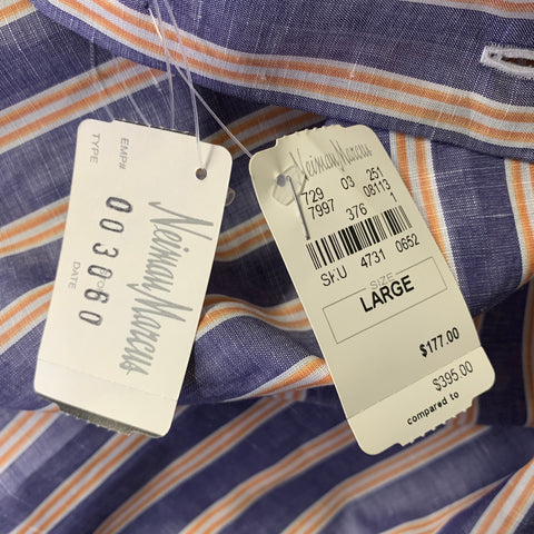 BRIONI Size L Blue Orange White Stripe Linen Long Sleeve Shirt