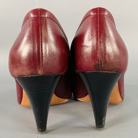 CELINE Size 7 High Throat Burgundy Leather Cone Heel Pumps