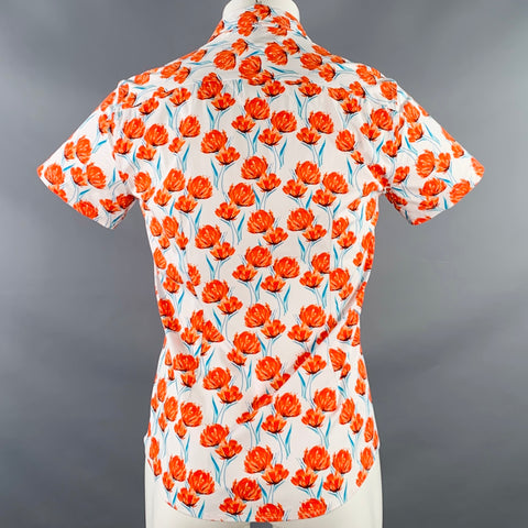 STEELE Size M White Red Floral Cotton Short Sleeve Shirt