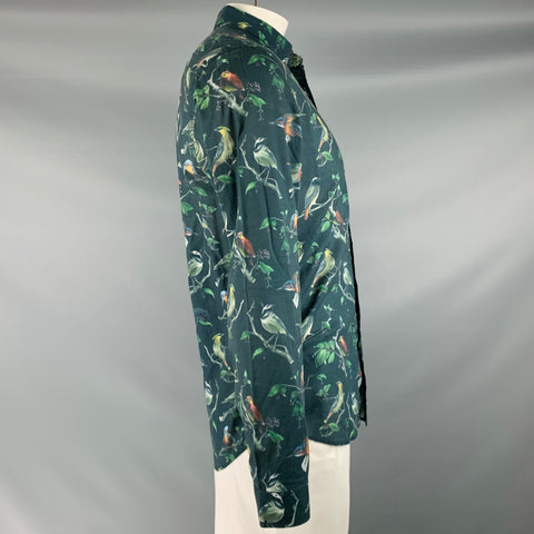 AMI by ALEXANDRE MATTIUSSI Size L Navy Green Brown Birds Long Sleeve Shirt