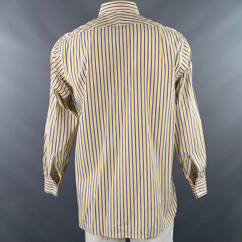 TURNBULL & ASSER Vintage Size L White Navy Yellow Stripe Cotton French Cuff Long Sleeve Shirt