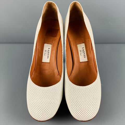 LANVIN Talla 11 Bombas de plataforma perforadas de cuero blanco marrón