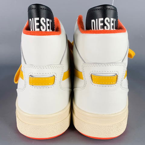 DIESEL Size 10.5 S Ukiyo Mid White Orange Yellow Color Block Leather High Top Sneakers