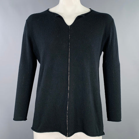 UMA WANG Size L Black Distressed Knit V-Neck Pullover