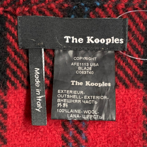 THE KOOPLES One Size Red Black Plaid Wool Open Front Fringe Shawl