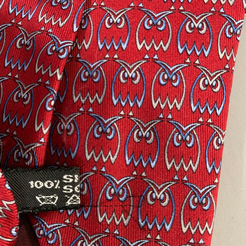 SALVATORE FERRAGAMO Red Blue Owls Silk Tie