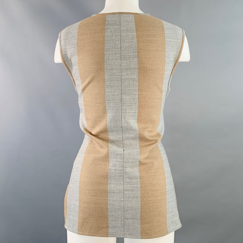 TIBI Size 2 Grey Tan Polyester Blend Stripe V-Neck Tie Casual Top