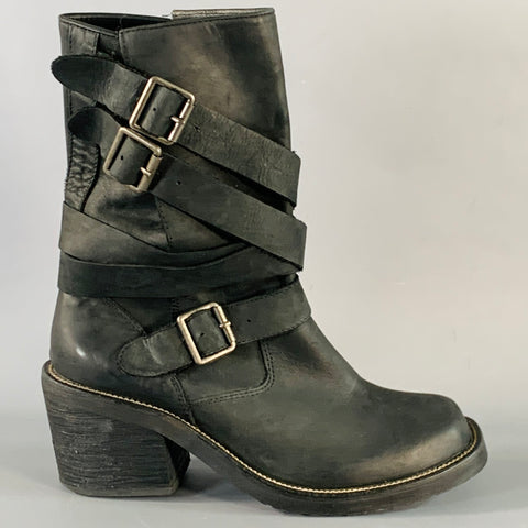 JEFFREY CAMPBELL Size 10 Deanne Black Leather Buckle Biker Boots