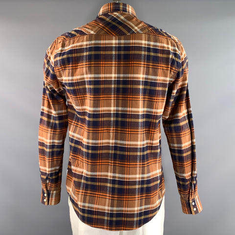 BARBOUR Size L Orange Navy Plaid Cotton Pointed Collar Long Sleeve Shirt