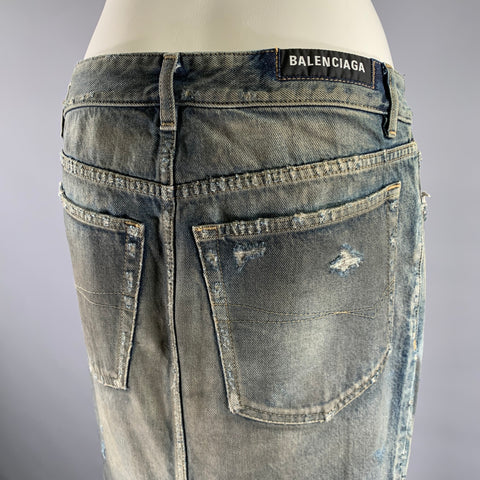BALENCIAGA Size 2 Blue Mud Wash Cotton Denim Maxi Skirt