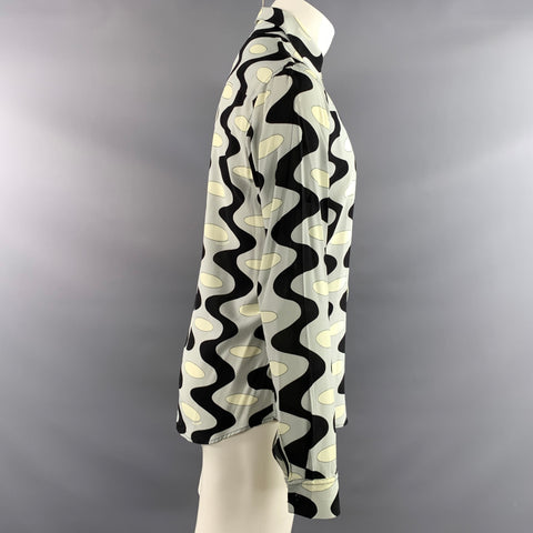 SANDRO Size M Black Light Blue Geometric Viscose Long Sleeve Shirt