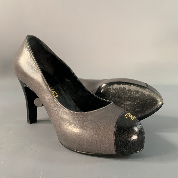 CHANEL Size 6 Grey Black Leather Cap Toe Pumps
